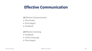 Effective Communication
 Effective Communication
 Non Verbal
 Para lingual
 Feedback
 Effective Listening
 Feedback
 Active Listening
 Para lingual
Ahmad Maharma PMBOK 5th Edition 423
 
