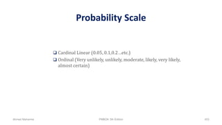Probability Scale
 Cardinal Linear (0.05, 0.1,0.2…etc.)
 Ordinal (Very unlikely, unlikely, moderate, likely, very likely,
almost certain)
Ahmad Maharma PMBOK 5th Edition 453
 