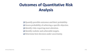 Outcomes of Quantitative Risk
Analysis
 Quantify possible outcomes and their probability.
 Assess probability of achieving a specific objective.
 Identify risks requiring most attention.
 Identify realistic and achievable targets.
 Determine best decision under uncertainty.
Ahmad Maharma PMBOK 5th Edition 478
 