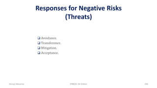 Responses for Negative Risks
(Threats)
 Avoidance.
 Transference.
 Mitigation.
 Acceptance.
Ahmad Maharma PMBOK 5th Edition 498
 