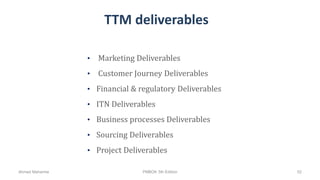 TTM deliverables
• Marketing Deliverables
• Customer Journey Deliverables
• Financial & regulatory Deliverables
• ITN Deliverables
• Business processes Deliverables
• Sourcing Deliverables
• Project Deliverables
Ahmad Maharma PMBOK 5th Edition 52
 