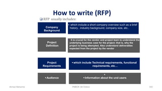 How to write (RFP)
 RFP usually includes:
Company
Background
Project
Definition
Project
Requirements
Audience
 which include a short company overview such as a brief
history , industry background, company size, etc..
 It is crucial for the vendor and project team to understand the
underlying business case for the project; that is, why the
project is being attempted. Also understand deliverables
expected from the project by the vendor
which include Technical requirements, functional
requirements, etc…

Information about the und users
Ahmad Maharma PMBOK 5th Edition 542
 