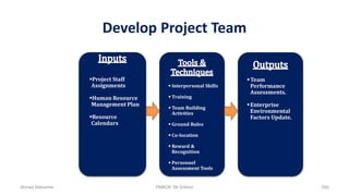 Develop Project Team
 Interpersonal Skills
 Training
 Team Building
Activities
 Ground Rules
 Co-location
 Reward &
Recognition
 Personnel
Assessment Tools
Team
Performance
Assessments.
Enterprise
Environmental
Factors Update.
Project Staff
Assignments
Human Resource
Management Plan
Resource
Calendars
Ahmad Maharma PMBOK 5th Edition 590
 