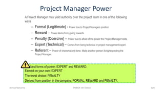 Project Manager Power
A Project Manager may yield authority over the project team in one of the following
ways
– Formal (Legitimate) - Power due to Project Managers position
– Reward – Power stems from giving rewards.
– Penalty (Coercive) – Power due to afraid of the power the Project Manager holds.
– Expert (Technical) – Comes from being technical or project management expert.
– Referent – Power of charisma and fame. Make another person liking/respecting the
Project Manager.
The best forms of power: EXPERT and REWARD.
Earned on your own: EXPERT
The worst choice: PENALTY
Derived from position in the company: FORMAL, REWARD and PENALTY.
Ahmad Maharma PMBOK 5th Edition 628
 