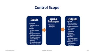 Control Scope
Variance
Analysis
Work
Performance
Information
Organizationa
l Process
Assets
Updates
Change
Requests
Project
Management
Plan Updates
Project
Document
Updates
Project
Management
Plan
Work
performance
data
Requirements
documentation
Requirements
traceability
matrix
Organizational
Process Assets
Ahmad Maharma PMBOK 5th Edition 744
 
