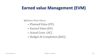 Earned value Management (EVM)
 Relates Three Values:
– Planned Value (PV)
– Earned Value (EV)
– Actual Costs (AC)
– Budget At Completion (BAC).
Ahmad Maharma PMBOK 5th Edition 756
 
