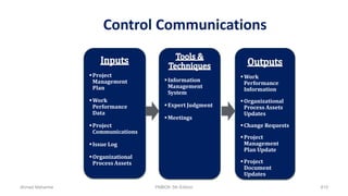 Control Communications
Information
Management
System
Expert Judgment
Meetings
Work
Performance
Information
Organizational
Process Assets
Updates
Change Requests
Project
Management
Plan Update
Project
Document
Updates
Project
Management
Plan
Work
Performance
Data
Project
Communications
Issue Log
Organizational
Process Assets
Ahmad Maharma PMBOK 5th Edition 810
 