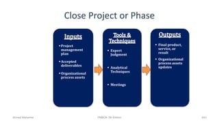 Close Project or Phase
 Expert
Judgment
 Analytical
Techniques
 Meetings
 Final product,
service, or
result
 Organizational
process assets
updates
Project
management
plan
Accepted
deliverables
Organizational
process assets
Ahmad Maharma PMBOK 5th Edition 843
 