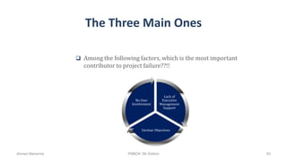 The Three Main Ones
 Among the following factors, which is the most important
contributor to project failure??!!
Lack of
Executive
Management
Support
Unclear Objectives
No User
Involvement
Ahmad Maharma PMBOK 5th Edition 93
 