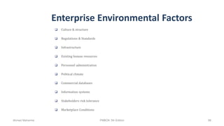 Enterprise Environmental Factors
 Culture & structure
 Regulations & Standards
 Infrastructure
 Existing human resources
 Personnel administration
 Political climate
 Commercial databases
 Information systems
 Stakeholders risk tolerance
 Marketplace Conditions
Ahmad Maharma PMBOK 5th Edition 98
 