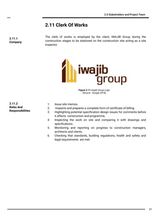 1. Issue site memos.
2. Inspects and prepares a complete form of certiﬁcate of billing.
3. Highlighting potential speciﬁcation design issues for comments before
it affects construction and programme.
4. Inspecting the work on site and comparing it with drawings and
speciﬁcations.
5. Monitoring and reporting on progress to construction managers,
architects and clients.
6. Checking that standards, building regulations, health and safety and
legal requirements are met.
2.11 Clerk Of Works
The clerk of works is employed by the client, IWAJIB Group during the
construction stages to be stationed on the construction site acting as a site
inspector.
2.0 Stakeholders and Project Team
2.11.2
Roles And
Responsibilities
2.11.1
Company
Figure 2.11 Iwajib Group Logo
(Source : Google 2018)
21
 