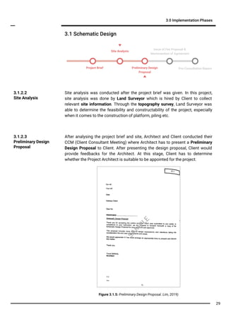 3.1 Schematic Design
3.0 Implementation Phases
Project Brief Preliminary Design
Proposal
Site Analysis
Site analysis was conducted after the project brief was given. In this project,
site analysis was done by Land Surveyor which is hired by Client to collect
relevant site information. Through the topography survey, Land Surveyor was
able to determine the feasibility and constructability of the project, especially
when it comes to the construction of platform, piling etc.
3.1.2.2
Site Analysis
Pre-Consultation Report
After analysing the project brief and site, Architect and Client conducted their
CCM (Client Consultant Meeting) where Architect has to present a Preliminary
Design Proposal to Client. After presenting the design proposal, Client would
provide feedbacks for the Architect. At this stage, Client has to determine
whether the Project Architect is suitable to be appointed for the project.
3.1.2.3
Preliminary Design
Proposal
Issue of Fee Proposal &
Memorandum of Agreement
Figure 3.1.5: Preliminary Design Proposal. Lim, 2019)
SA
M
PLE
29
 