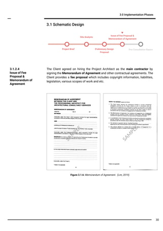 3.1 Schematic Design
3.0 Implementation Phases
Project Brief Preliminary Design
Proposal
The Client agreed on hiring the Project Architect as the main contractor by
signing the Memorandum of Agreement and other contractual agreements. The
Client provides a fee proposal which includes copyright information, liabilities,
legislation, various scopes of work and etc.
3.1.2.4
Issue of Fee
Proposal &
Memorandum of
Agreement
Pre-Consultation Report
Site Analysis
Issue of Fee Proposal &
Memorandum of Agreement
Figure 3.1.6: Memorandum of Agreement. (Lim, 2019)
SA
M
PLE
SA
M
PLE
30
 