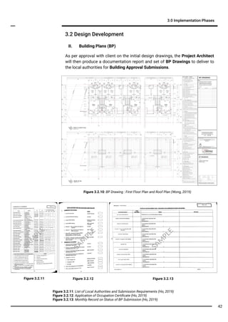 3.2 Design Development
3.0 Implementation Phases
II. Building Plans (BP)
As per approval with client on the initial design drawings, the Project Architect
will then produce a documentation report and set of BP Drawings to deliver to
the local authorities for Building Approval Submissions.
Figure 3.2.11: List of Local Authorities and Submission Requirements (Ho, 2019)
Figure 3.2.12: Application of Occupation Certiﬁcate (Ho, 2019)
Figure 3.2.13: Monthly Record on Status of BP Submission (Ho, 2019)
Figure 3.2.10: BP Drawing : First Floor Plan and Roof Plan (Wong, 2019)
Figure 3.2.11 Figure 3.2.12 Figure 3.2.13
SA
M
PLE
SA
M
PLE
SA
M
PLE
42
 