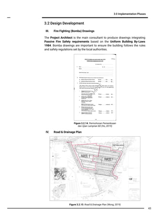 IV. Road & Drainage Plan
III. Fire Fighting (Bomba) Drawings
The Project Architect is the main consultant to produce drawings integrating
Passive Fire Safety requirements based on the Uniform Building By-Laws
1984. Bomba drawings are important to ensure the building follows the rules
and safety regulations set by the local authorities.
3.2 Design Development
3.0 Implementation Phases
Figure 3.2.14: Permohonan Pemeriksaan
dan Ujian Lampiran B2 (Ho, 2019)
Figure 3.2.15: Road & Drainage Plan (Wong, 2019)
SA
M
PLE
43
 