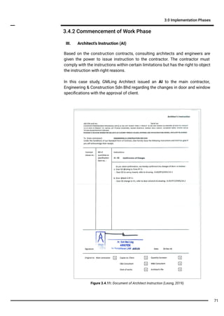 3.4.2 Commencement of Work Phase
3.0 Implementation Phases
III. Architect’s Instruction (AI)
Based on the construction contracts, consulting architects and engineers are
given the power to issue instruction to the contractor. The contractor must
comply with the instructions within certain limitations but has the right to object
the instruction with right reasons.
In this case study, GMLing Architect issued an AI to the main contractor,
Engineering & Construction Sdn Bhd regarding the changes in door and window
speciﬁcations with the approval of client.
Figure 3.4.11: Document of Architect Instruction (Leong, 2019)
71
 