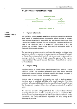 I. Payment to Contractor
The contractor submit progress claim to the Quantity Surveyor consultant after
each stages of construction that is completed, which consists of progress
claim amount, breakdown of the quantity and description of items used in the
construction process. Upon the process of payment, a joint-site evaluation is
done by the consultants, clerks of works and the contractor to verify and
evaluate the progress. These parties then send the veriﬁcation letters to
GMLing Architects once approved.
The quantity surveyor then prepares and issues the valuation certiﬁcate to the
architect in order for the architect to issue a payment certiﬁcate and forward it
to the development consultant to check and recommends the payment; thus
passing it on to the employer, Iwajib Group, who approves of the payment
recommendation. The quantity surveyor then issues the certiﬁcate of payment
to the contractor.
II. Progress Billing
Progress billing is an invoice used to obtain payment from a client for a certain
portion of a project that has been completed to date. These billings are issued
throughout a project so that the contractor has suﬃcient funding to support its
operations in the interim in order to complete the project.
When a stage of construction is completed, the clerk of works prepares a
complete form of certiﬁcate of billing after detail inspection. The billing
certiﬁcate is forward to GMLing Architect to request for issue for certiﬁcate and
the development consultant inform them of commencement of completed
units.
The architects issues the billing certiﬁcate to the development consultant for
checking with veriﬁcation from the consulting engineers on completion of the
minimum works required. The certiﬁcate is then sent to the Sales/Credit Control
Department. The Sales/Credit Control Department will issue billings to the
purchases of the units.
3.4.2 Commencement of Work Phase
3.0 Implementation Phases
3.4.2.4
Progress Claim &
Payment
Progress Claim & Payment
Project Administration Approval from
Service Provider
Inspection and Testing
75
 