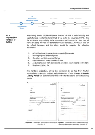 After doing rounds of pre-completion checks, the site is then oﬃcially and
legally handed over to the client, IWajib Group (After the issuance of CPC). It is
the architects responsibility to be competent and assure the client that all
works are being initiated and done following the contract. A meeting is held for
the oﬃcial handover, and the client should be provided the following
documents:
1. All certiﬁcates and warranties in respect of the works
2. Building logbook and User guide
3. Operation and Maintenance Manual
4. Equipments and Safety test certiﬁcates
5. As-Built Drawings from consultants, specialist suppliers and contractors
6. Health and Safety ﬁle
The handover procedure, allows the contractor to be free from his/her
responsibility in security, facilities and management of site. However, a Defects
Liability Period will commence for the contractor to resolve any outstanding
issues.
3.5.3
Preparation of
Handover of
Building
3.0 Implementation Phases
Pre-completion
Checks
CCC
DLP + CMGD Final Acc. of Contract
CPC + Inspection Issuance of Final
Completion
Preparation of
Handover of Building
80
SA
M
PLE
Figure 3.5.2: Sample of Handover Documentation
(Lim, 2019)
SA
M
PLE
Figure 3.5.3: Sample of Joint Site Inspection for
Handing Over Project Document (Lim, 2019)
 
