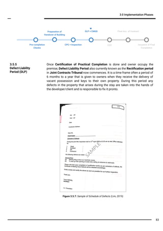 3.0 Implementation Phases
3.5.5
Defect Liability
Period (DLP)
Pre-completion
Checks
CCC
Final Acc. of Contract
Issuance of Final
Completion
Preparation of
Handover of Building
CPC + Inspection
DLP + CMGD
Once Certiﬁcation of Practical Completion is done and owner occupy the
premise, Defect Liability Period also currently known as the Rectiﬁcation period
in Joint Contracts Tribunal now commences. It is a time frame often a period of
6 months to a year that is given to owners when they receive the delivery of
vacant possession and keys to their own property. During this period any
defects in the property that arises during the stay are taken into the hands of
the developer/client and is responsible to ﬁx it pronto.
83
Figure 3.5.7: Sample of Schedule of Defects (Lim, 2019)
SA
M
PLE
 