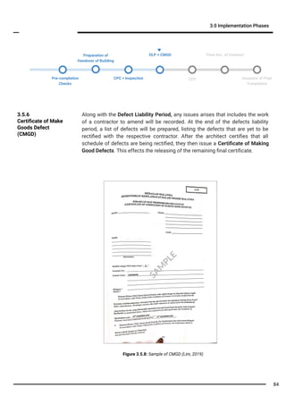 3.0 Implementation Phases
Pre-completion
Checks
CCC
Final Acc. of Contract
Issuance of Final
Completion
Preparation of
Handover of Building
CPC + Inspection
DLP + CMGD
3.5.6
Certiﬁcate of Make
Goods Defect
(CMGD)
Along with the Defect Liability Period, any issues arises that includes the work
of a contractor to amend will be recorded. At the end of the defects liability
period, a list of defects will be prepared, listing the defects that are yet to be
rectiﬁed with the respective contractor. After the architect certiﬁes that all
schedule of defects are being rectiﬁed, they then issue a Certiﬁcate of Making
Good Defects. This effects the releasing of the remaining ﬁnal certiﬁcate.
84
Figure 3.5.8: Sample of CMGD (Lim, 2019)
SA
M
PLE
 
