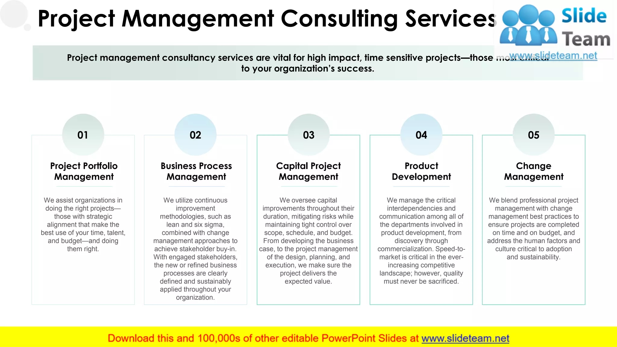 Project management consultancy services are vital for high impact, time sensitive projects—those most critical
to your organization’s success.
We utilize continuous
improvement
methodologies, such as
lean and six sigma,
combined with change
management approaches to
achieve stakeholder buy-in.
With engaged stakeholders,
the new or refined business
processes are clearly
defined and sustainably
applied throughout your
organization.
Business Process
Management
02
We oversee capital
improvements throughout their
duration, mitigating risks while
maintaining tight control over
scope, schedule, and budget.
From developing the business
case, to the project management
of the design, planning, and
execution, we make sure the
project delivers the
expected value.
Capital Project
Management
03
We manage the critical
interdependencies and
communication among all of
the departments involved in
product development, from
discovery through
commercialization. Speed-to-
market is critical in the ever-
increasing competitive
landscape; however, quality
must never be sacrificed.
Product
Development
04
We blend professional project
management with change
management best practices to
ensure projects are completed
on time and on budget, and
address the human factors and
culture critical to adoption
and sustainability.
Change
Management
05
We assist organizations in
doing the right projects—
those with strategic
alignment that make the
best use of your time, talent,
and budget—and doing
them right.
01
Project Portfolio
Management
10
Project Management Consulting Services
 