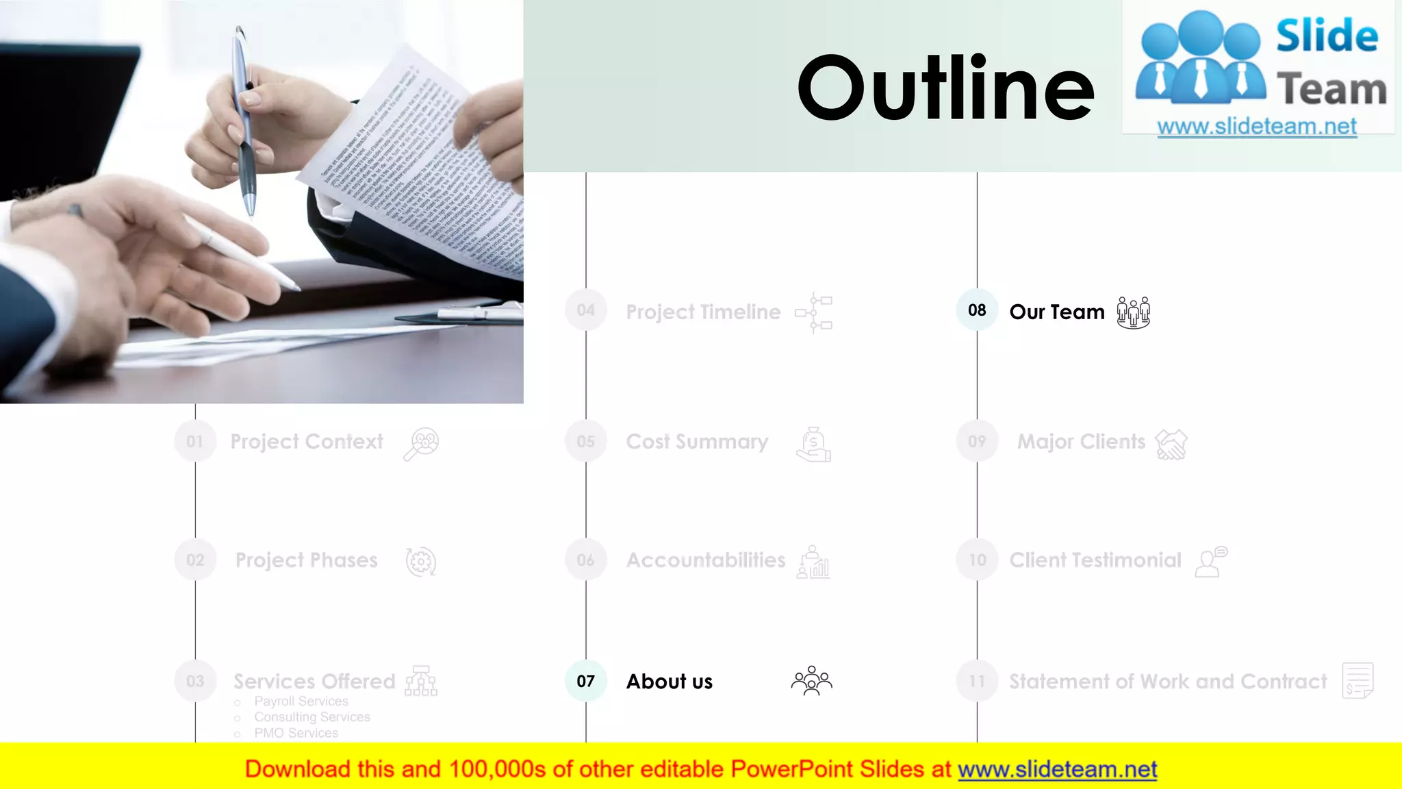 Project Context01
Project Phases02
Services Offered
o Payroll Services
o Consulting Services
o PMO Services
03
Project Timeline04
Cost Summary05
Accountabilities06
About us07
Our Team08
Major Clients09
Client Testimonial10
Statement of Work and Contract11
Outline
18
 