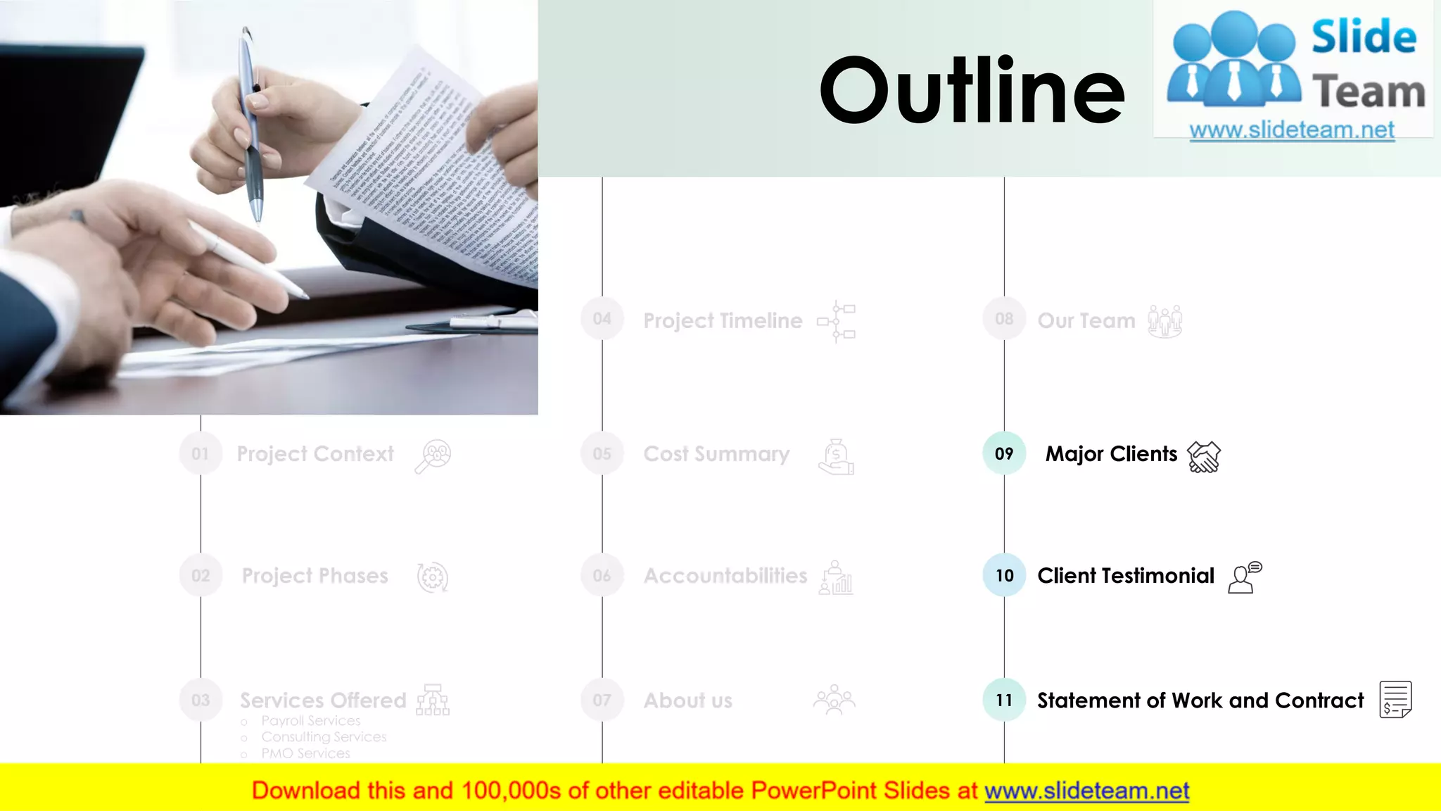 Project Context01
Project Phases02
Services Offered
o Payroll Services
o Consulting Services
o PMO Services
03
Project Timeline04
Cost Summary05
Accountabilities06
About us07
Our Team08
Major Clients09
Client Testimonial10
Statement of Work and Contract11
Outline
22
 