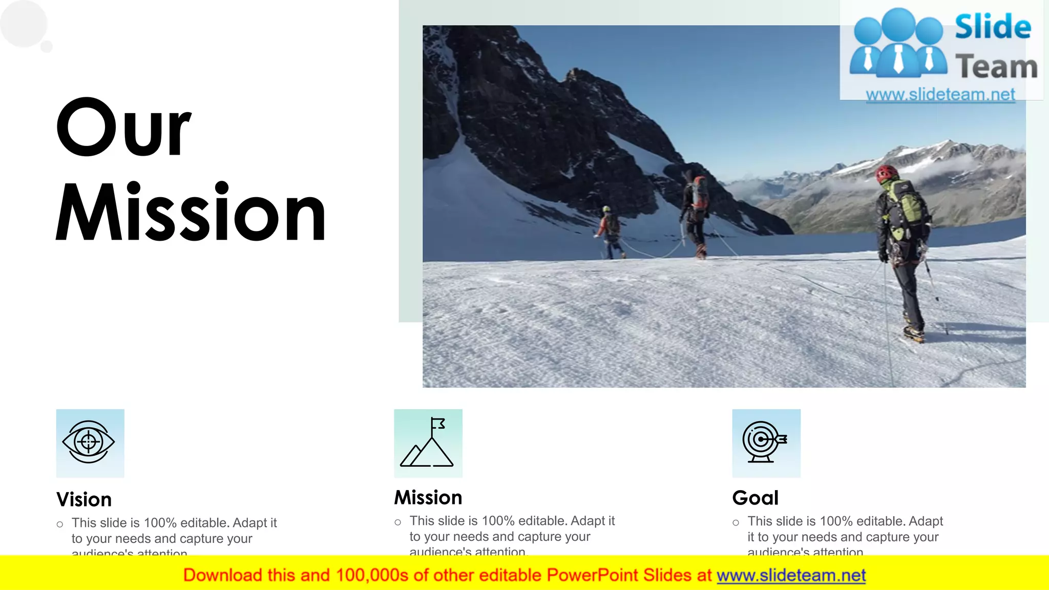 Our
Mission
Goal
o This slide is 100% editable. Adapt
it to your needs and capture your
audience's attention.
Mission
o This slide is 100% editable. Adapt it
to your needs and capture your
audience's attention.
Vision
o This slide is 100% editable. Adapt it
to your needs and capture your
audience's attention.
29
 