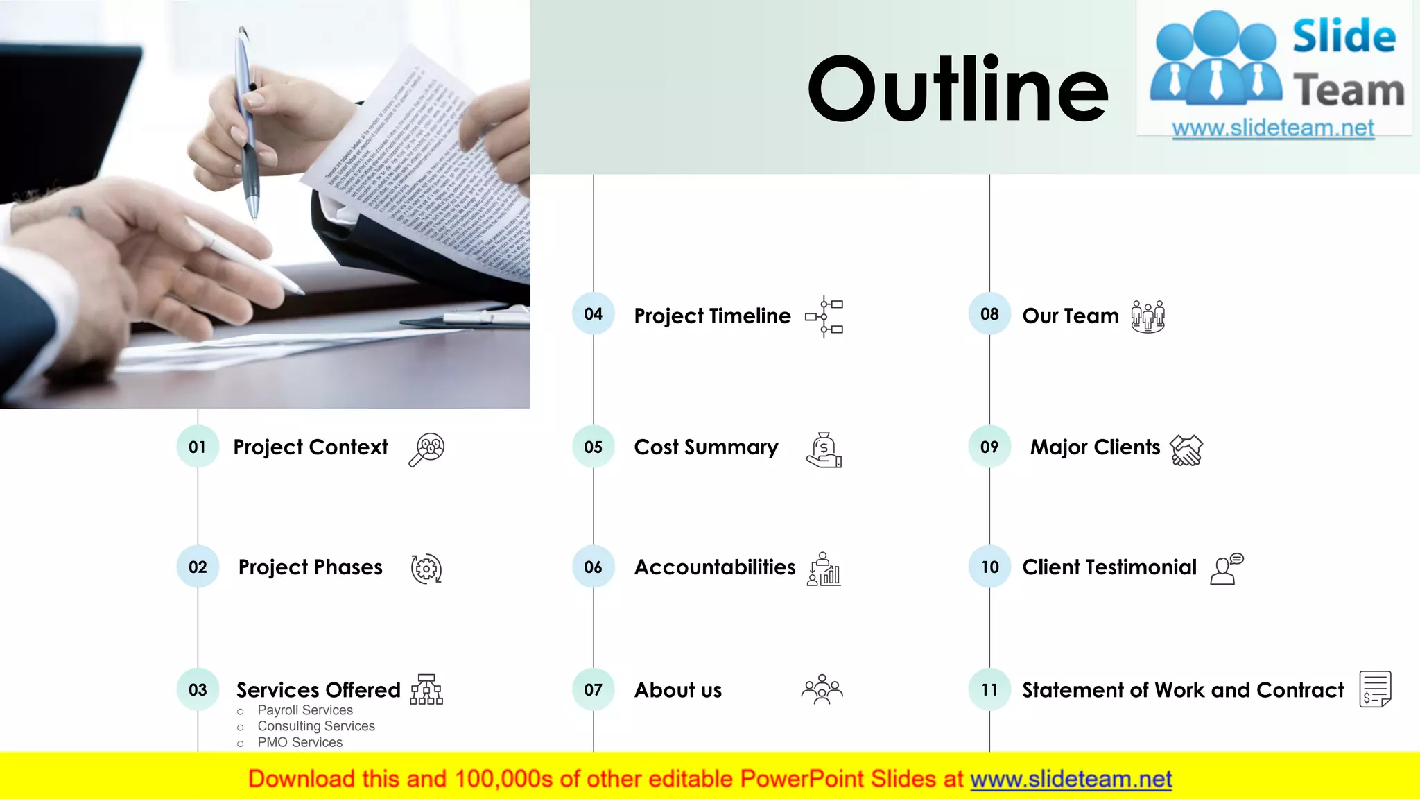Project Context01
Project Phases02
Services Offered
o Payroll Services
o Consulting Services
o PMO Services
03
Project Timeline04
Cost Summary05
Accountabilities06
About us07
Our Team08
Major Clients09
Client Testimonial10
Statement of Work and Contract11
Outline
3
 