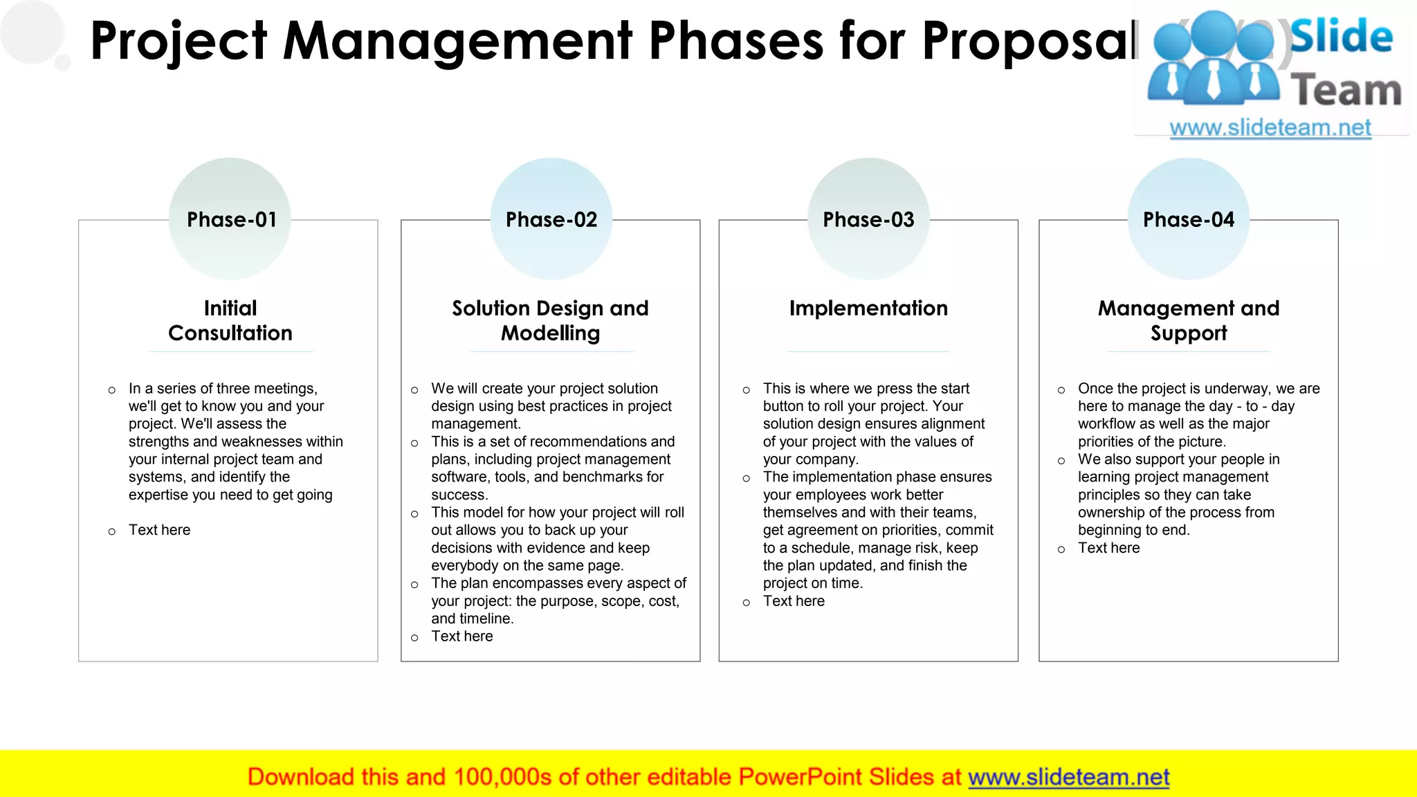 Project Management Phases for Proposal (1/2)
o In a series of three meetings,
we'll get to know you and your
project. We'll assess the
strengths and weaknesses within
your internal project team and
systems, and identify the
expertise you need to get going
o Text here
Initial
Consultation
Phase-01
o We will create your project solution
design using best practices in project
management.
o This is a set of recommendations and
plans, including project management
software, tools, and benchmarks for
success.
o This model for how your project will roll
out allows you to back up your
decisions with evidence and keep
everybody on the same page.
o The plan encompasses every aspect of
your project: the purpose, scope, cost,
and timeline.
o Text here
Solution Design and
Modelling
Phase-02
o This is where we press the start
button to roll your project. Your
solution design ensures alignment
of your project with the values of
your company.
o The implementation phase ensures
your employees work better
themselves and with their teams,
get agreement on priorities, commit
to a schedule, manage risk, keep
the plan updated, and finish the
project on time.
o Text here
Implementation
Phase-03
o Once the project is underway, we are
here to manage the day - to - day
workflow as well as the major
priorities of the picture.
o We also support your people in
learning project management
principles so they can take
ownership of the process from
beginning to end.
o Text here
Management and
Support
Phase-04
6
 