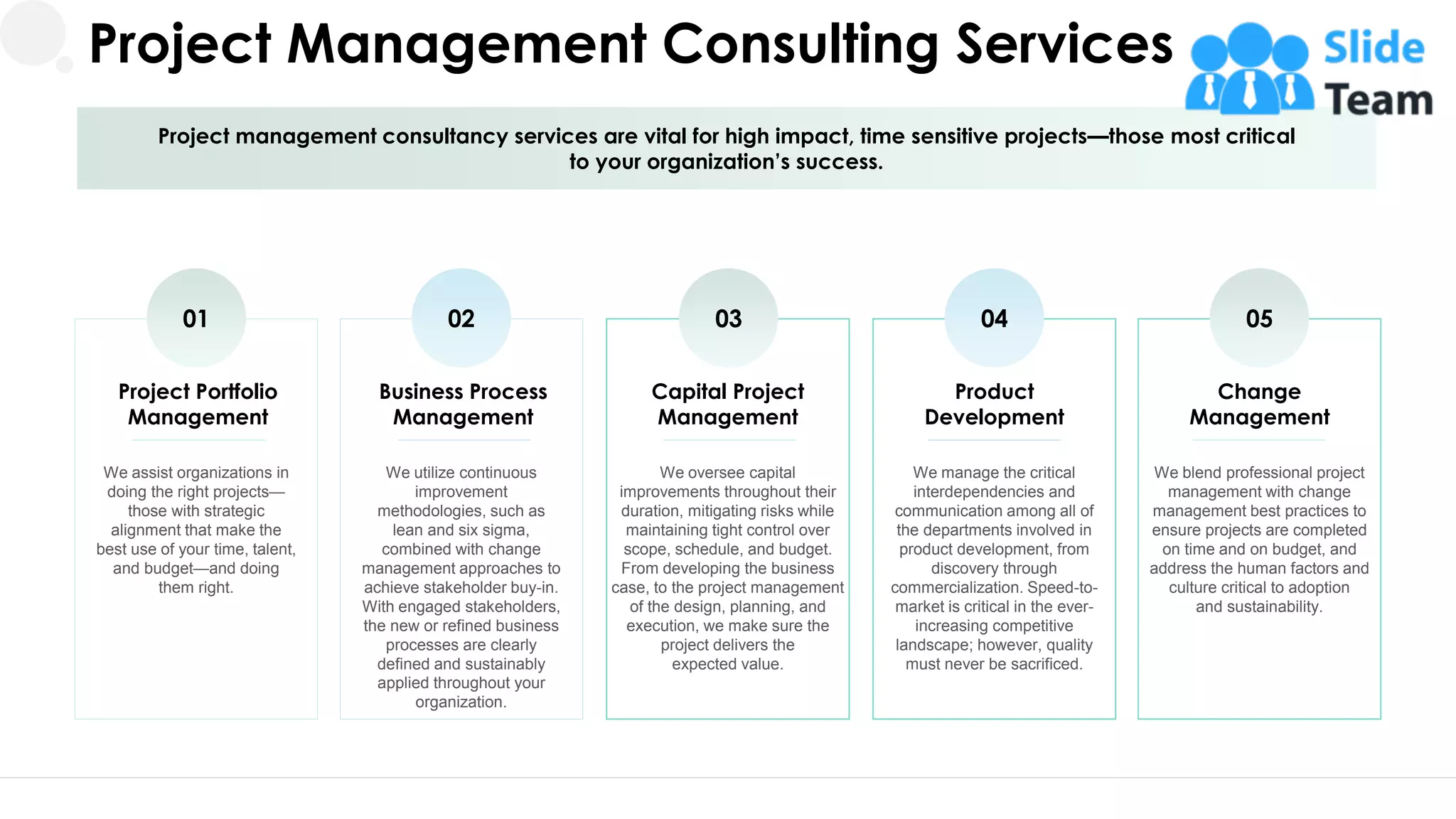 Project management consultancy services are vital for high impact, time sensitive projects—those most critical
to your organization’s success.
We utilize continuous
improvement
methodologies, such as
lean and six sigma,
combined with change
management approaches to
achieve stakeholder buy-in.
With engaged stakeholders,
the new or refined business
processes are clearly
defined and sustainably
applied throughout your
organization.
Business Process
Management
02
We oversee capital
improvements throughout their
duration, mitigating risks while
maintaining tight control over
scope, schedule, and budget.
From developing the business
case, to the project management
of the design, planning, and
execution, we make sure the
project delivers the
expected value.
Capital Project
Management
03
We manage the critical
interdependencies and
communication among all of
the departments involved in
product development, from
discovery through
commercialization. Speed-to-
market is critical in the ever-
increasing competitive
landscape; however, quality
must never be sacrificed.
Product
Development
04
We blend professional project
management with change
management best practices to
ensure projects are completed
on time and on budget, and
address the human factors and
culture critical to adoption
and sustainability.
Change
Management
05
We assist organizations in
doing the right projects—
those with strategic
alignment that make the
best use of your time, talent,
and budget—and doing
them right.
01
Project Portfolio
Management
10
Project Management Consulting Services
 