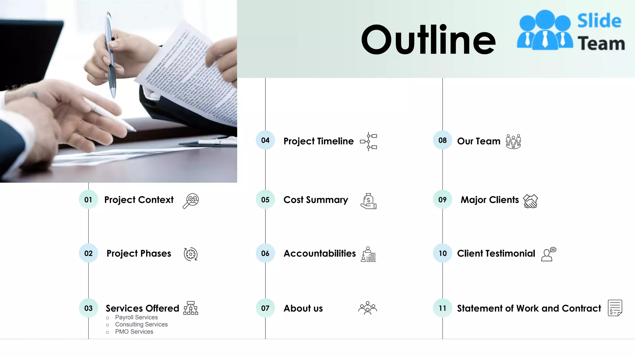 Project Context
01
Project Phases
02
Services Offered
o Payroll Services
o Consulting Services
o PMO Services
03
Project Timeline
04
Cost Summary
05
Accountabilities
06
About us
07
Our Team
08
Major Clients
09
Client Testimonial
10
Statement of Work and Contract
11
Outline
3
 