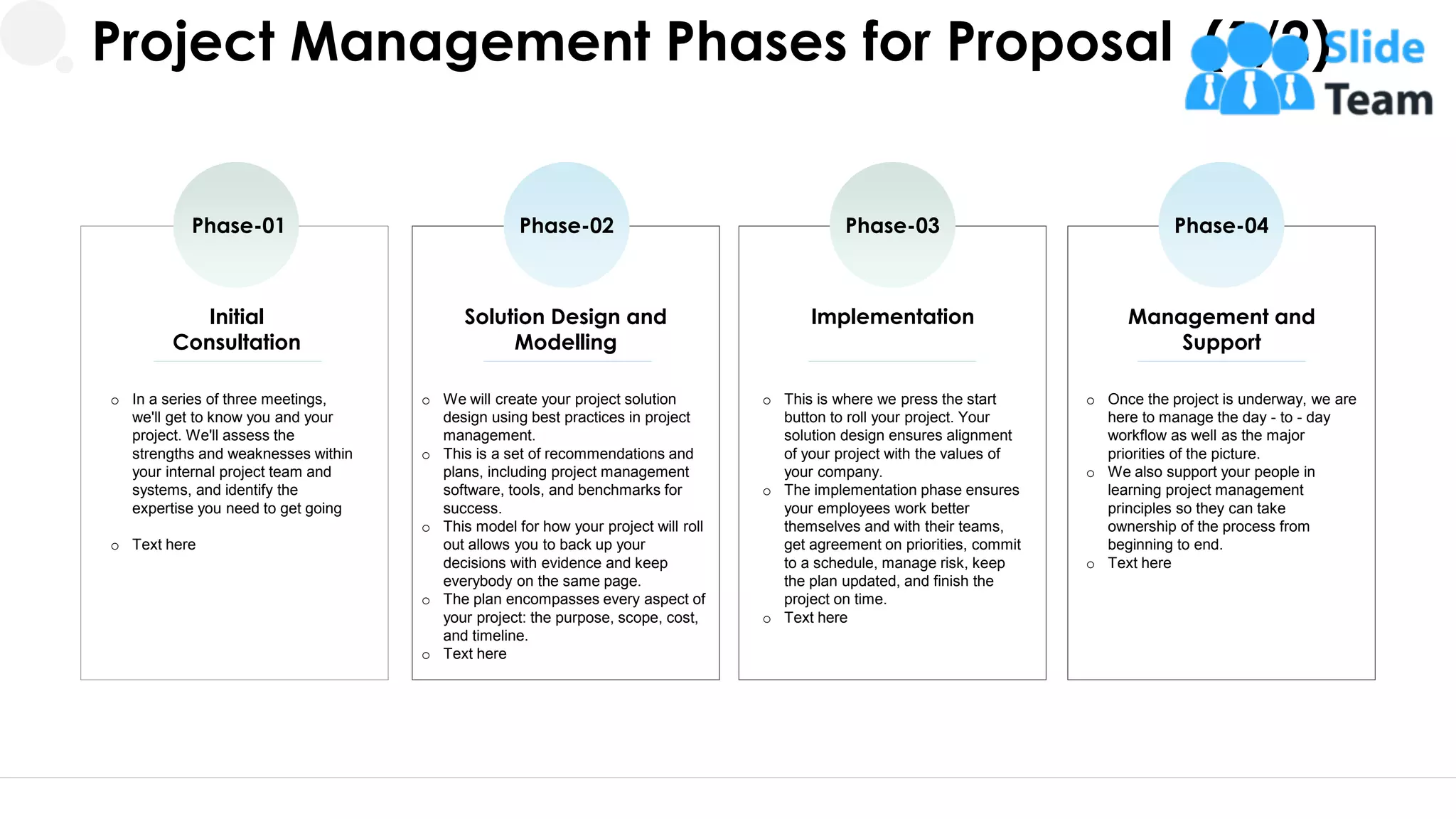 Project Management Phases for Proposal (1/2)
o In a series of three meetings,
we'll get to know you and your
project. We'll assess the
strengths and weaknesses within
your internal project team and
systems, and identify the
expertise you need to get going
o Text here
Initial
Consultation
Phase-01
o We will create your project solution
design using best practices in project
management.
o This is a set of recommendations and
plans, including project management
software, tools, and benchmarks for
success.
o This model for how your project will roll
out allows you to back up your
decisions with evidence and keep
everybody on the same page.
o The plan encompasses every aspect of
your project: the purpose, scope, cost,
and timeline.
o Text here
Solution Design and
Modelling
Phase-02
o This is where we press the start
button to roll your project. Your
solution design ensures alignment
of your project with the values of
your company.
o The implementation phase ensures
your employees work better
themselves and with their teams,
get agreement on priorities, commit
to a schedule, manage risk, keep
the plan updated, and finish the
project on time.
o Text here
Implementation
Phase-03
o Once the project is underway, we are
here to manage the day - to - day
workflow as well as the major
priorities of the picture.
o We also support your people in
learning project management
principles so they can take
ownership of the process from
beginning to end.
o Text here
Management and
Support
Phase-04
6
 