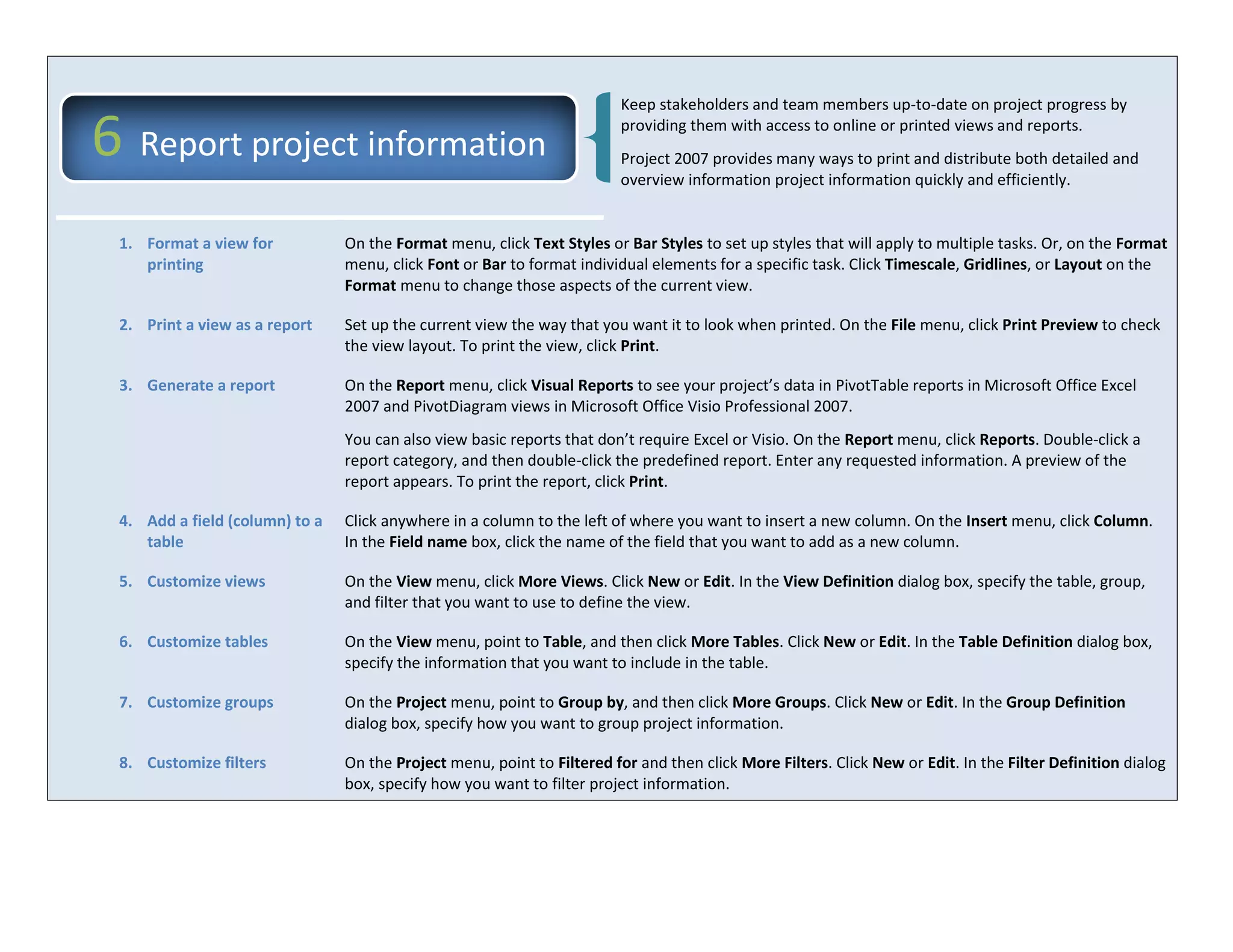 Project Management Quick Reference Guide for Microsoft Project 2007