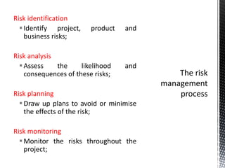 Risk identification
Identify project, product and
business risks;
Risk analysis
Assess the likelihood and
consequences of these risks;
Risk planning
Draw up plans to avoid or minimise
the effects of the risk;
Risk monitoring
Monitor the risks throughout the
project;
 