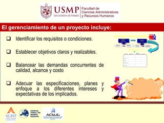 El gerenciamiento de un proyecto incluye:
 Identificar los requisitos o condiciones.
 Establecer objetivos claros y realizables.
 Balancear las demandas concurrentes de
calidad, alcance y costo
 Adecuar las especificaciones, planes y
enfoque a los diferentes intereses y
expectativas de los implicados.
 