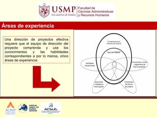 Áreas de experiencia
Una dirección de proyectos efectiva
requiere que el equipo de dirección del
proyecto comprenda y use los
conocimientos y las habilidades
correspondientes a por lo menos, cinco
áreas de experiencia:
 