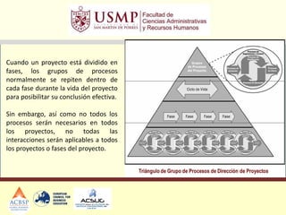 Cuando un proyecto está dividido en
fases, los grupos de procesos
normalmente se repiten dentro de
cada fase durante la vida del proyecto
para posibilitar su conclusión efectiva.
Sin embargo, así como no todos los
procesos serán necesarios en todos
los proyectos, no todas las
interacciones serán aplicables a todos
los proyectos o fases del proyecto.
 