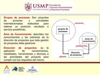 Grupos de procesos: Son conjuntos
de acciones y actividades
interrelacionadas realizadas para
obtener un producto, resultado o
servicio predefinido.
Área de Conocimiento: describen los
conocimientos y las prácticas de la
dirección de proyectos que toda gestión
de proyectos debe gestionar.
Dirección de proyectos: es la
aplicación de conocimientos,
habilidades, herramientas y técnicas a
las actividades del proyecto para
cumplir con los requisitos del mismo.
 