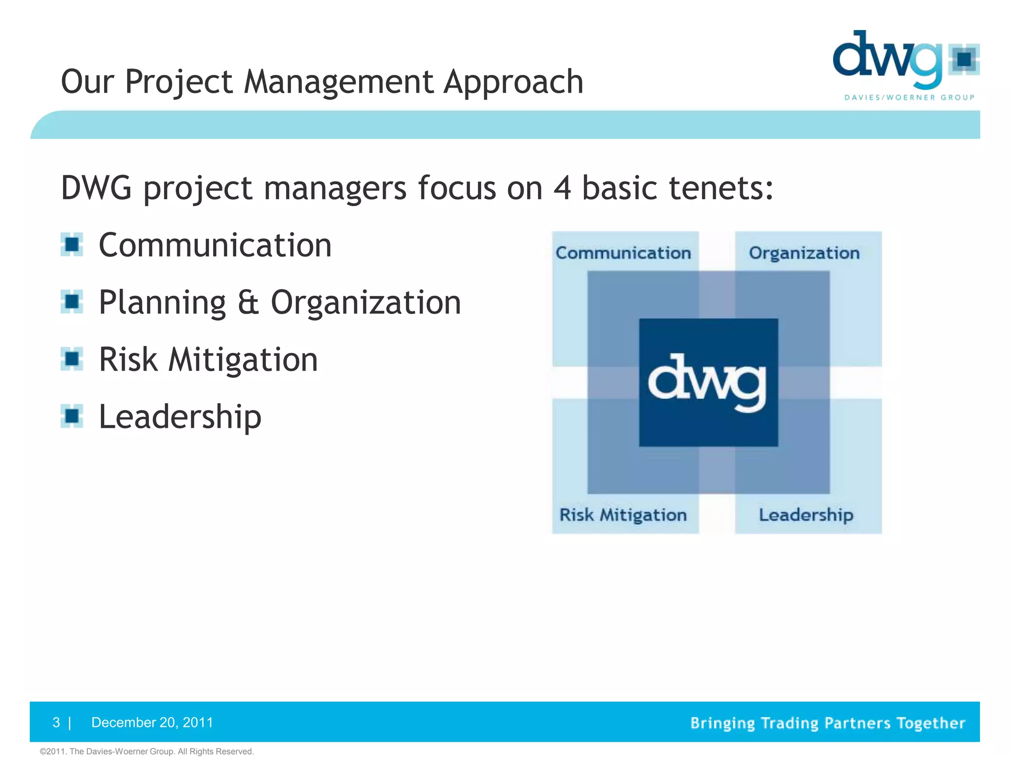 Our Project Management Approach


     DWG project managers focus on 4 basic tenets:
              Communication
              Planning & Organization
              Risk Mitigation
              Leadership




   3 |      December 20, 2011
©2011. The Davies-Woerner Group. All Rights Reserved.
 