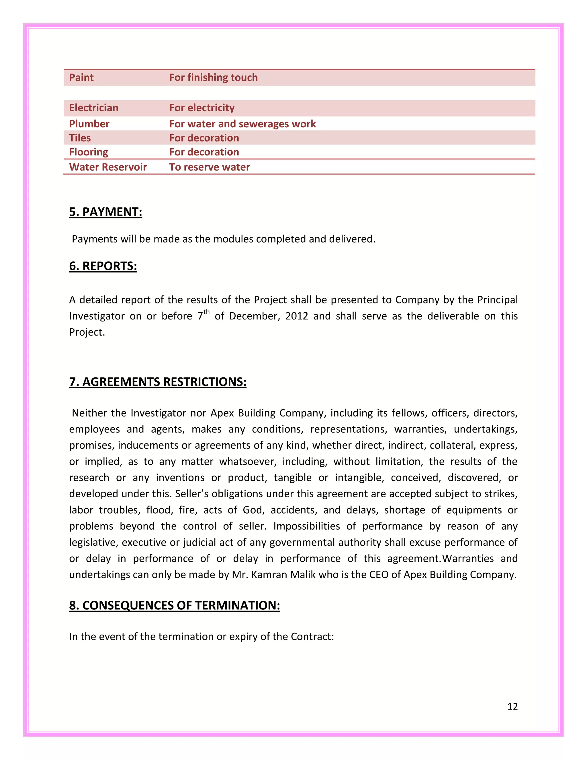12
Paint For finishing touch
Electrician For electricity
Plumber For water and sewerages work
Tiles For decoration
Flooring For decoration
Water Reservoir To reserve water
5. PAYMENT:
Payments will be made as the modules completed and delivered.
6. REPORTS:
A detailed report of the results of the Project shall be presented to Company by the Principal
Investigator on or before 7th
of December, 2012 and shall serve as the deliverable on this
Project.
7. AGREEMENTS RESTRICTIONS:
Neither the Investigator nor Apex Building Company, including its fellows, officers, directors,
employees and agents, makes any conditions, representations, warranties, undertakings,
promises, inducements or agreements of any kind, whether direct, indirect, collateral, express,
or implied, as to any matter whatsoever, including, without limitation, the results of the
research or any inventions or product, tangible or intangible, conceived, discovered, or
developed under this. Seller’s obligations under this agreement are accepted subject to strikes,
labor troubles, flood, fire, acts of God, accidents, and delays, shortage of equipments or
problems beyond the control of seller. Impossibilities of performance by reason of any
legislative, executive or judicial act of any governmental authority shall excuse performance of
or delay in performance of or delay in performance of this agreement.Warranties and
undertakings can only be made by Mr. Kamran Malik who is the CEO of Apex Building Company.
8. CONSEQUENCES OF TERMINATION:
In the event of the termination or expiry of the Contract:
 