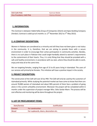 11
CEO Café Pink Kamran Malik
Vice President, Café Pink Hamza Ahmed
1. INFORMATION:
This Contract is between Habib Rafiq Group of Companies (Client) and Apex Building Company
(Vendor). Contract is valid up to 6 months i.e. (7th
November 2012 to 7th
May 2013).
2. A COMPANY DESCRIPTION:
Women in Pakistan are considered as a minority and still they have not been given a real status
in the community. It is, therefore, that we are aiming to provide them with a secure
environment in order to encourage their active participation in community activities. Besides,
there is no such place in Pakistan that could single-handedly attend to women’s requirements
to the contentment of their hearts. Thus, it is only fitting that they should be provided with a
safe and healthy environment, in accordance with our plan, where they should be able to work,
enjoy and relax all at the same time.
We are targeting females, ranging from age of 15 to 65 years living in Islamabad. The users of
our services will primarily be females. This initiative will have a positive impact in the society.
3. PROJECT DESCRIPTION:
The construction of the Café will cost 10 lac PKR. The Café will only be used by the customers of
Islamabad primarily. While studying the potential market we have come to know that there are
around 70,000 women of Islamabad and about 90% percent of them face a problem of going
alone in the current unhealthy environment. Moreover the project will be completed within 6
months under the supervision of project manager Miss. Sidra Sardar Mann. The process will be
cost effective and monitoring will be done throughout the project.
4. LIST OF PROCUREMENT ITEMS:
Item/Service Justification
Cement For construction
Wood For cupboards, doors, decoration etc.
 