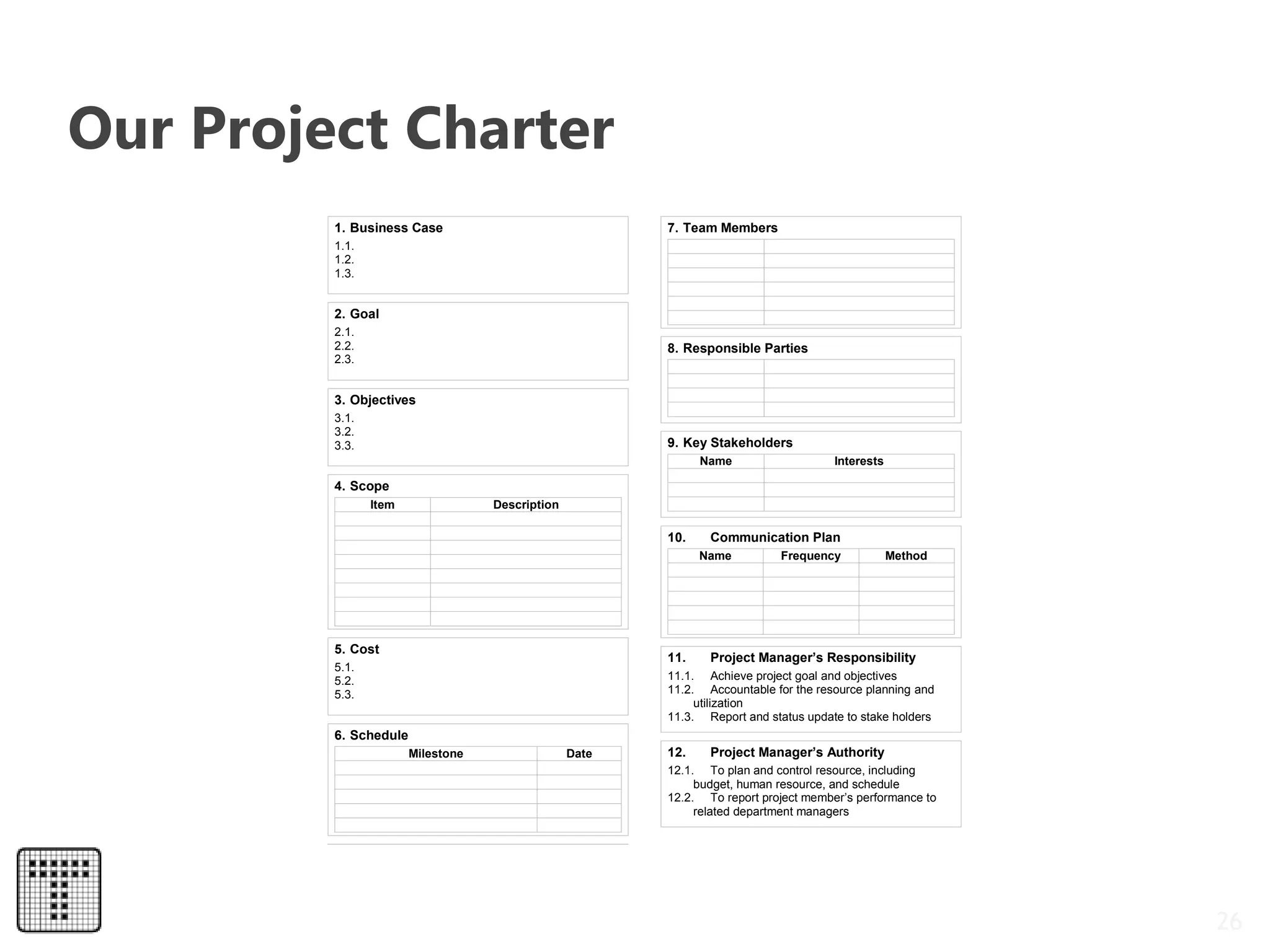 Our Project Charter
26
Form ID: xxxx-x
PROJECT CHARTER
Name: Completion Date: Select date
1. Business Case
1.1.
1.2.
1.3.
2. Goal
2.1.
2.2.
2.3.
3. Objectives
3.1.
3.2.
3.3.
4. Scope
Item Description
5. Cost
5.1.
5.2.
5.3.
6. Schedule
Milestone Date
7. Team Members
8. Responsible Parties
9. Key Stakeholders
Name Interests
10. Communication Plan
Name Frequency Method
11. Project Manager’s Responsibility
11.1. Achieve project goal and objectives
11.2. Accountable for the resource planning and
utilization
11.3. Report and status update to stake holders
12. Project Manager’s Authority
12.1. To plan and control resource, including
budget, human resource, and schedule
12.2. To report project member’s performance to
related department managers
 