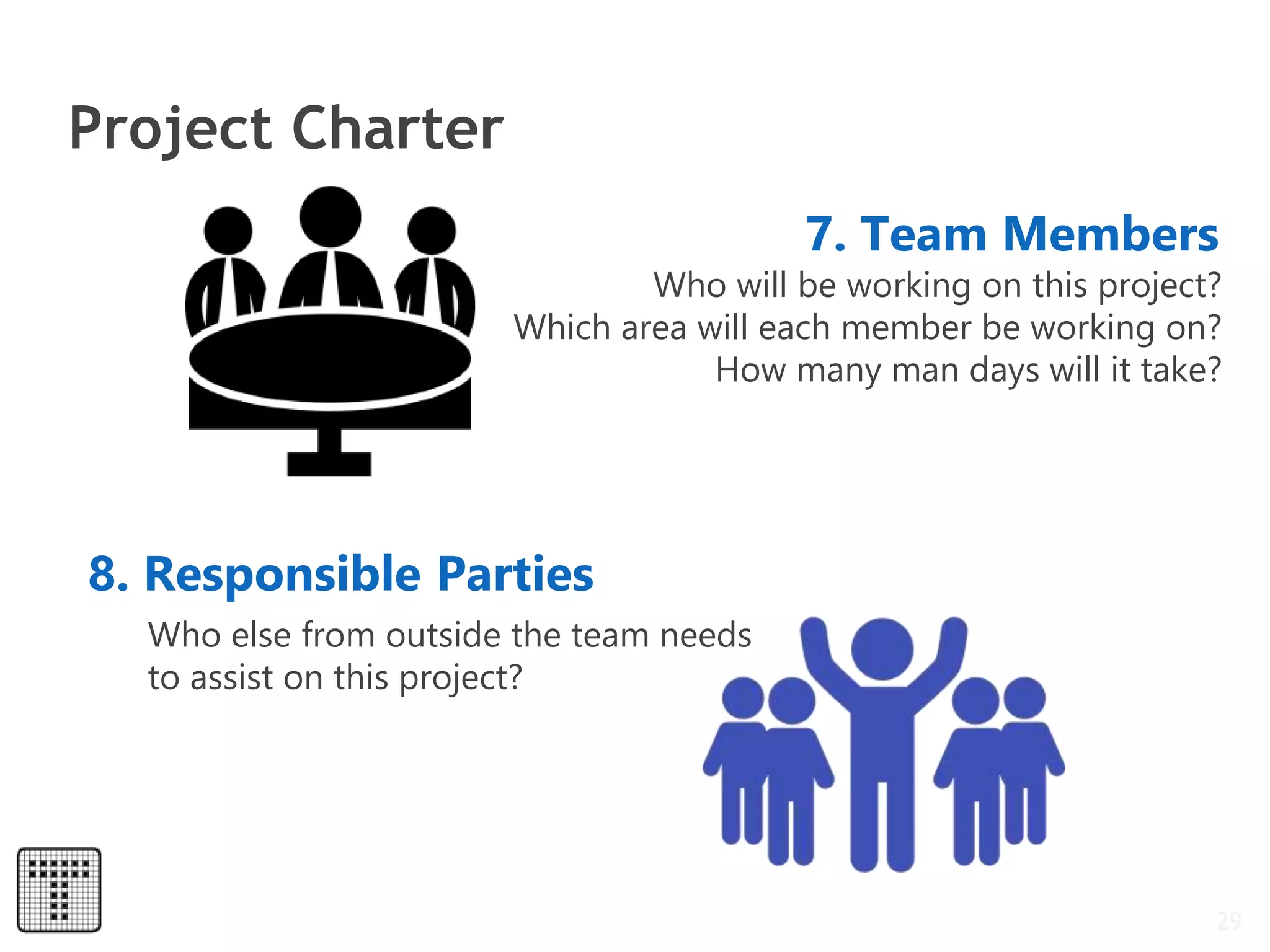 Project Charter
29
7. Team Members
Who will be working on this project?
Which area will each member be working on?
How many man days will it take?
8. Responsible Parties
Who else from outside the team needs
to assist on this project?
 