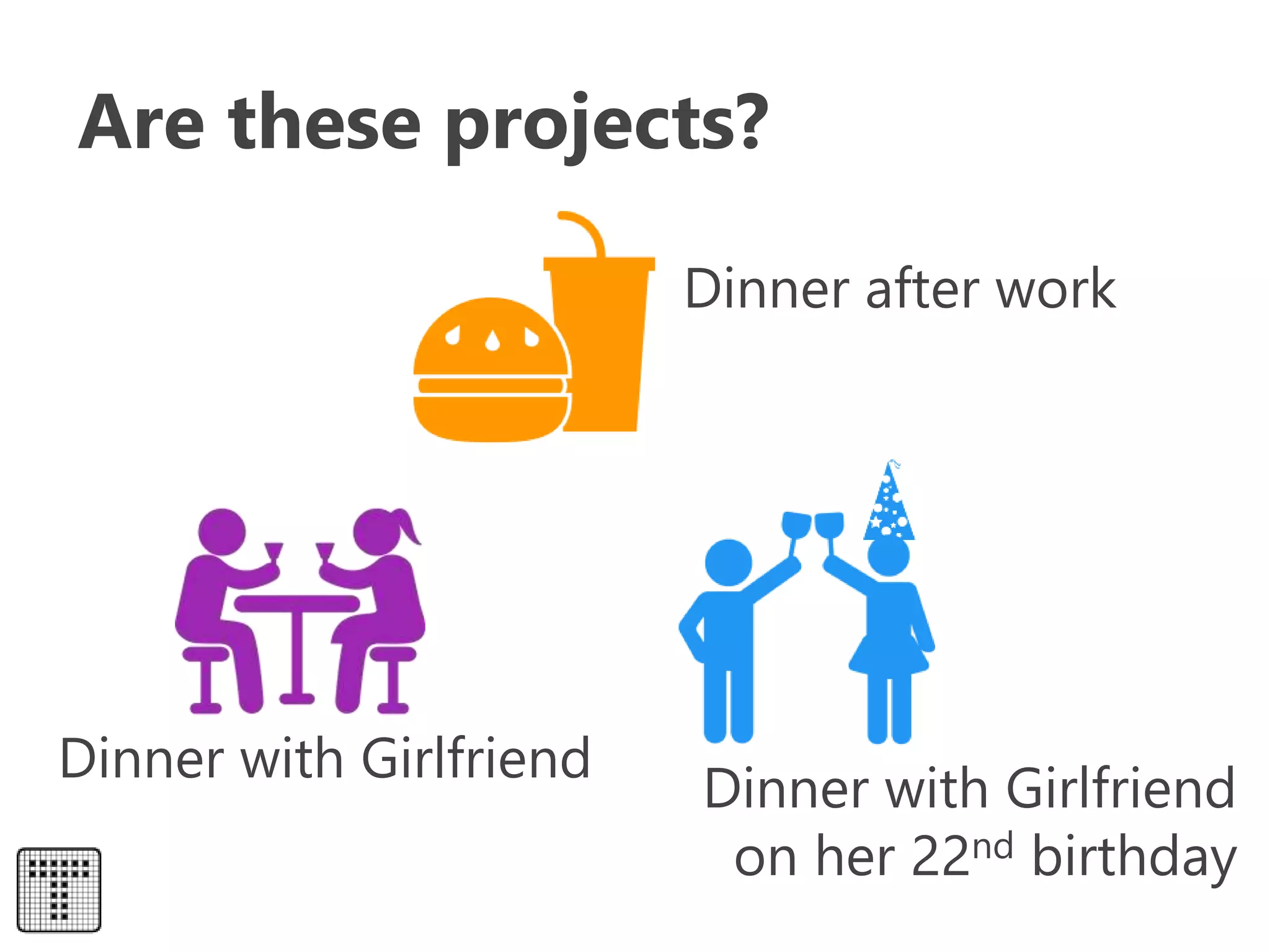 Are these projects?
Dinner after work
Dinner with Girlfriend
on her 22nd birthday
Dinner with Girlfriend
 