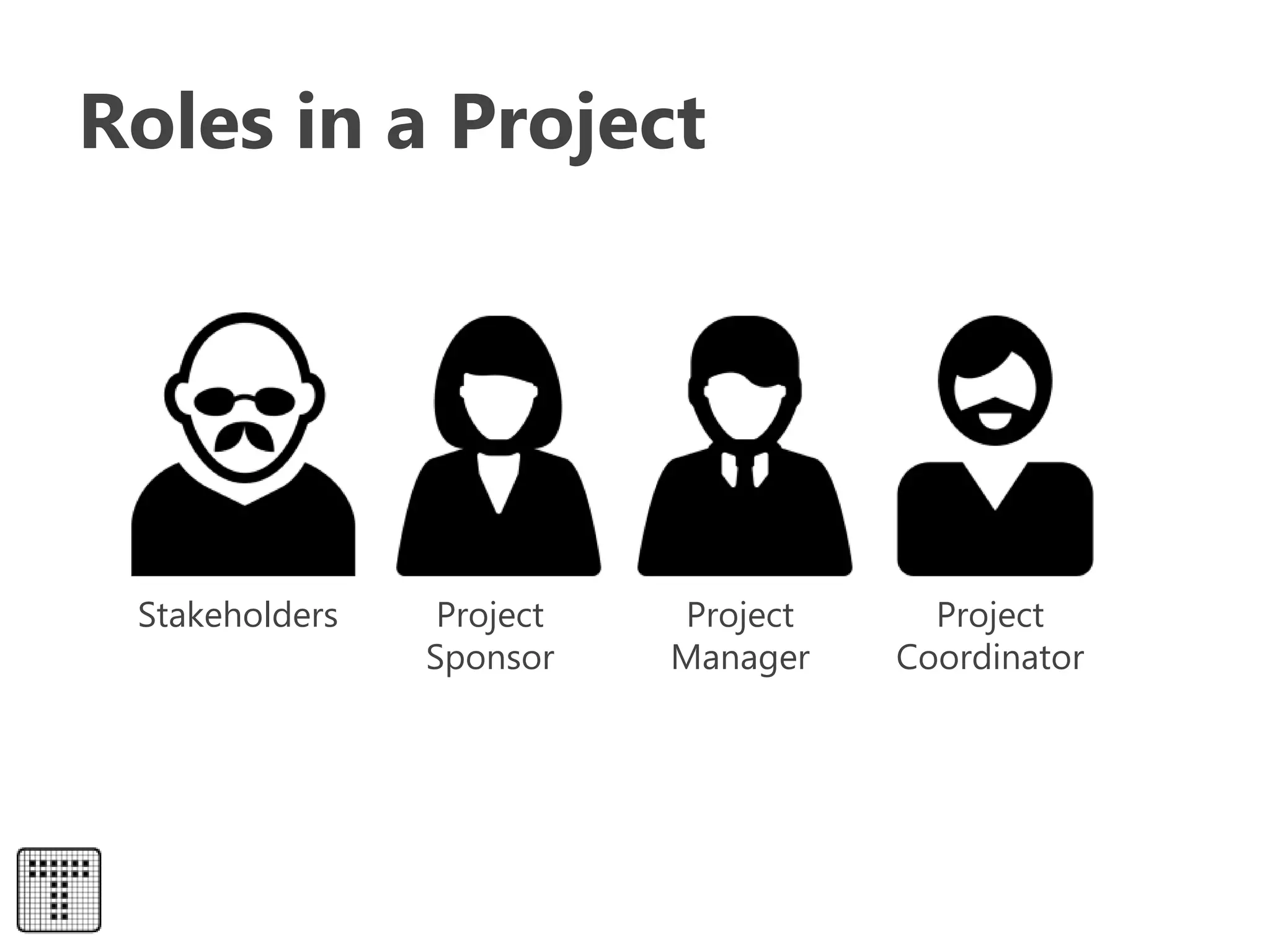 Roles in a Project
Stakeholders Project
Sponsor
Project
Manager
Project
Coordinator
 