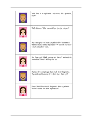 Aunt Jane is a vegetarian. That won't be a problem,
right?
Well, let's see. What menu did we give the caterers?
We didn't give it to them yet; because we won't have
the final menu until everyone RSVPs and lets we know
which entrée they want.
But they can't RSVP because we haven't sent out the
invitations! What's holding that up?
We're still waiting to get them back from the printer.
We can't send them out if we don't have them yet!
Oh no! I still have to tell the printer what to print on
the invitations, and what paper to use.
 