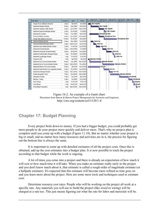 Figure 16.2: An example of a Gantt chart.
Illustration from Barron & Barron Project Management for Scientists and Engineers,
http://cnx.org/content/col11120/1.4/
Chapter 17: Budget Planning
Every project boils down to money. If you had a bigger budget, you could probably get
more people to do your project more quickly and deliver more. That's why no project plan is
complete until you come up with a budget (Figure 11.18). But no matter whether your project is
big or small, and no matter how many resources and activities are in it, the process for figuring
out the bottom line is always the same.
It is important to come up with detailed estimates of all the project costs. Once this is
obtained, add up the cost estimates into a budget plan. It is now possible to track the project
according to that budget while the work is ongoing.
A lot of times you come into a project and there is already an expectation of how much it
will cost or how much time it will take. When you make an estimate really early in the project
and you don't know much about it, that estimate is called a rough order of magnitude estimate (or
a ballpark estimate). It's expected that this estimate will become more refined as time goes on
and you learn more about the project. Here are some more tools and techniques used to estimate
cost:
Determine resource cost rates: People who will be working on the project all work at a
specific rate. Any materials you will use to build the project (like wood or wiring) will be
charged at a rate too. This just means figuring out what the rate for labor and materials will be.
 