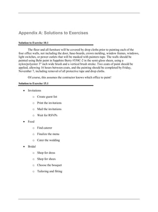 Appendix A: Solutions to Exercises
Solution to Exercise 10.1
The floor and all furniture will be covered by drop cloths prior to painting each of the
four office walls, not including the door, base-boards, crown molding, window frames, windows,
light switches, or power outlets that will be masked with painters tape. The walls should be
painted using Behr paint in Sapphire Berry #550C-2 in the semi-gloss sheen, using a
nylon/polyester 3" inch wide brush and a vertical brush stroke. Two coats of paint should be
applied, allowing 16 hours between coats, and the painting should be completed by Friday,
November 7, including removal of all protective tape and drop cloths.
Of course, this assumes the contractor knows which office to paint!
Solution to Exercise 15.1
Invitations
o Create guest list
o Print the invitations
o Mail the invitations
o Wait for RSVPs
Food
o Find caterer
o Finalize the menu
o Cater the wedding
Bridal
o Shop for dress
o Shop for shoes
o Choose the bouquet
o Tailoring and fitting
 