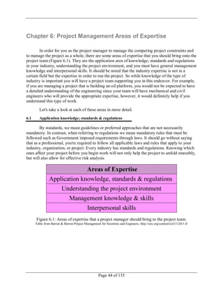 Page 44 of 135
Chapter 6: Project Management Areas of Expertise
In order for you as the project manager to manage the competing project constraints and
to manage the project as a whole, there are some areas of expertise that you should bring onto the
project team (Figure 6.1). They are the application area of knowledge; standards and regulations
in your industry, understanding the project environment, and you must have general management
knowledge and interpersonal skills. It should be noted that the industry expertise is not in a
certain field but the expertise in order to run the project. So while knowledge of the type of
industry is important you will have a project team supporting you in this endeavor. For example,
if you are managing a project that is building an oil platform, you would not be expected to have
a detailed understanding of the engineering since your team will have mechanical and civil
engineers who will provide the appropriate expertise, however, it would definitely help if you
understand this type of work.
Let's take a look at each of these areas in more detail.
6.1 Application knowledge; standards & regulations
By standards, we mean guidelines or preferred approaches that are not necessarily
mandatory. In contrast, when referring to regulations we mean mandatory rules that must be
followed such as Government imposed requirements through laws. It should go without saying
that as a professional, you're required to follow all applicable laws and rules that apply to your
industry, organization, or project. Every industry has standards and regulations. Knowing which
ones affect your project before you begin work will not only help the project to unfold smoothly,
but will also allow for effective risk analysis.
Figure 6.1: Areas of expertise that a project manager should bring to the project team.
Table from Barron & Barron Project Management for Scientists and Engineers, http://cnx.org/content/col11120/1.4/
 